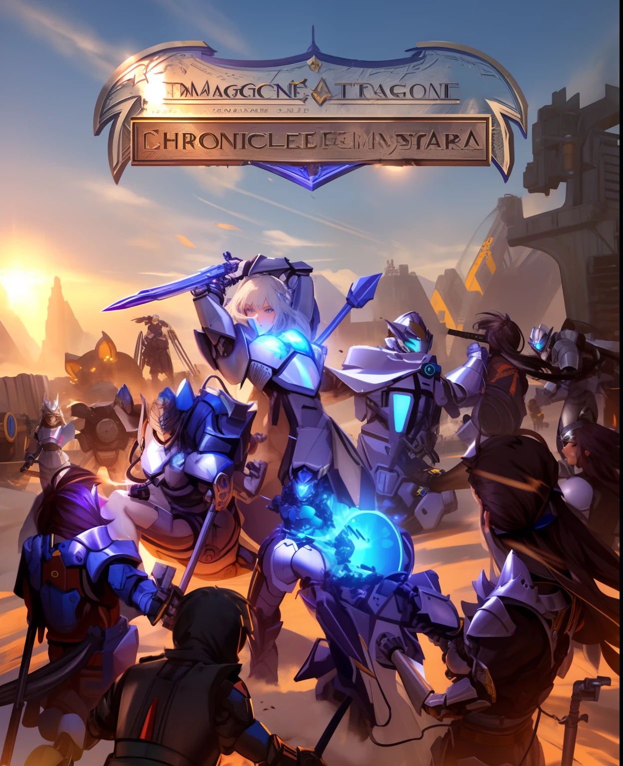 A group of adventurers fighting monsters, 2 warriors in mechanical combat uniforms, a female priest and a female sorceress, Several pieces of armor were injured and damaged. (breakage : 1.5), Wounds in several places, hemorrhage, Oil leakage from machine armor, Machine decoration, Complex structure (Complexity : 1.9), Thick armor, Exposing the upper breasts, thighs exposed, A horde of powerful monsters, High-quality sunlight depictions, Glossiness of the machine decoration : 1.5, magic effects, Trajectory effect of the weapon you wield