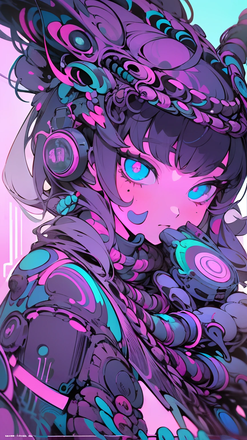 (Absurdo, Altas, ultra detalhados), 1girl, sozinho, olhos extremamente detalhados, (Arte Oficial, Beautiful and Aesthetic:1.2), (Arte Fractal:1.3), Colouring, Mais Detalhado, tecnologia cyberpunk neon azul roxo cobras em volta, olho na testa, boca aberta dentes afiados