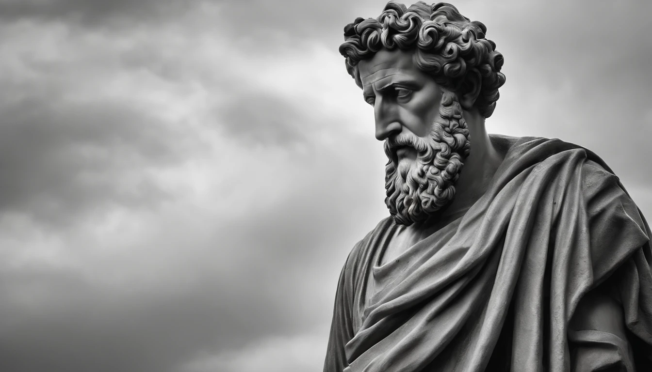 a portrait statue of the stoic Marcus Aurelius in black and white 4K,Face de lado, papel de parede super realista, corpo inteiro, corpo forte, musculoso, forte, sem camisa