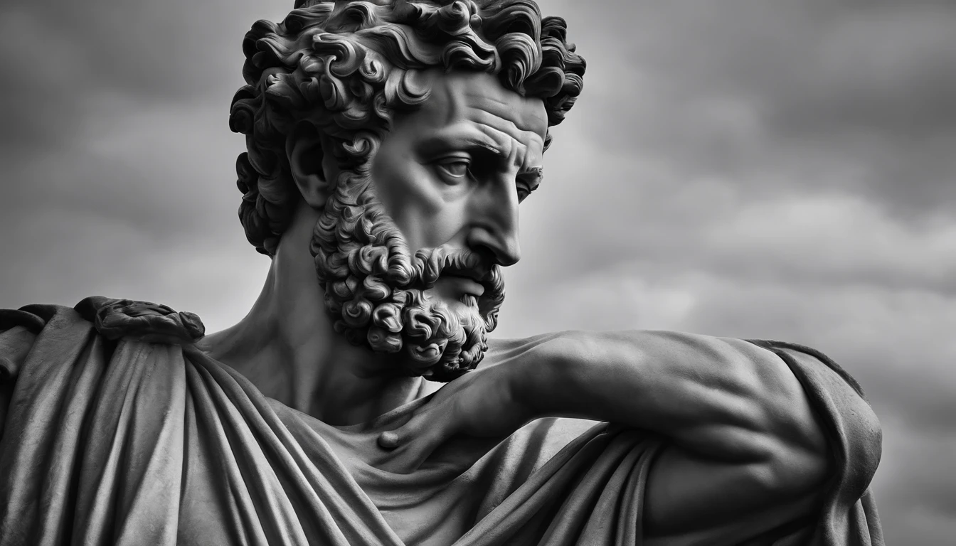 a portrait statue of the stoic Marcus Aurelius in black and white 4K,Face de lado, papel de parede super realista, corpo inteiro, corpo forte, musculoso, forte, sem camisa