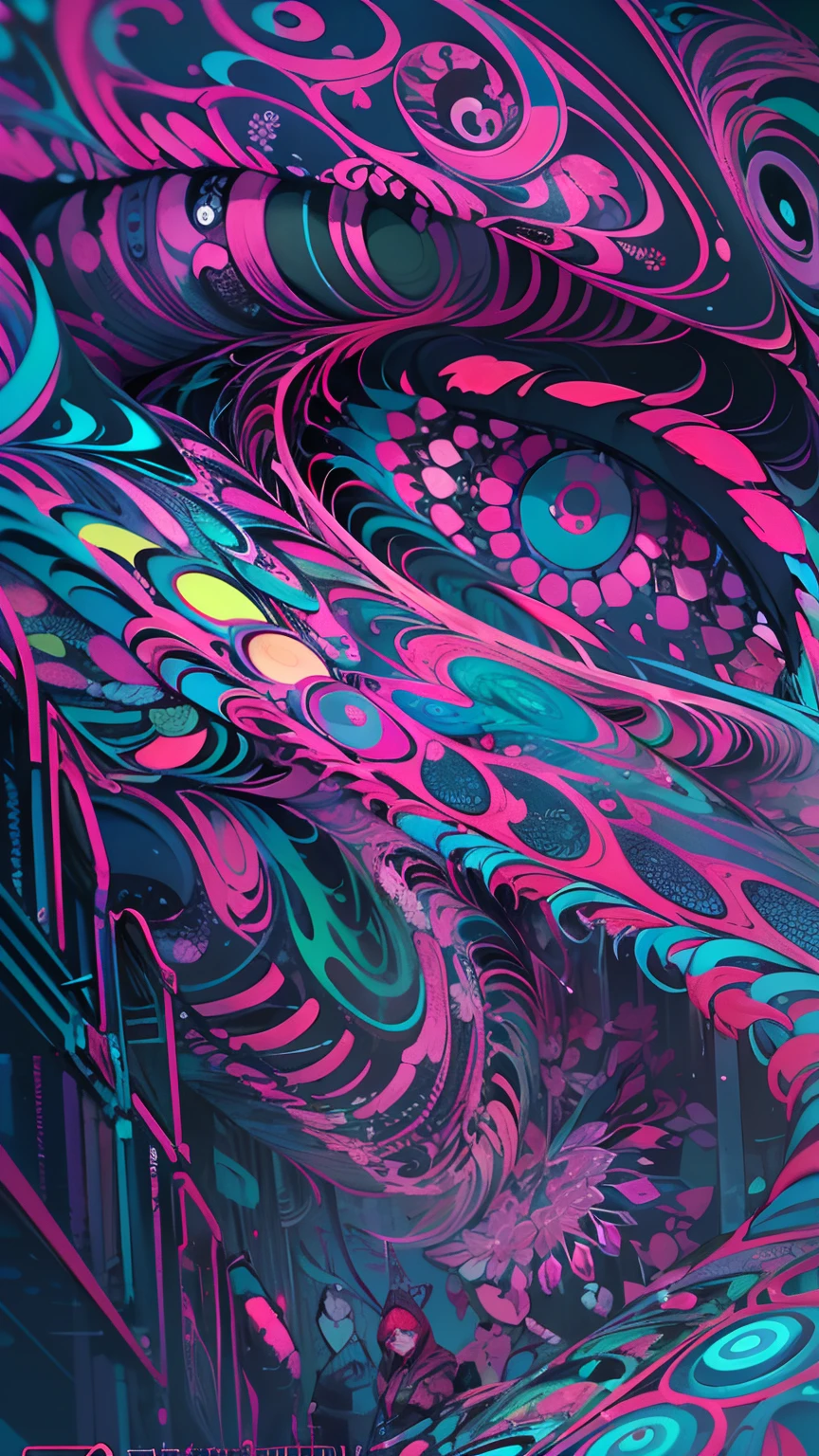 (Absurdo, Altas, ultra detalhados), 1girl, sozinho, olhos extremamente detalhados, (Arte Oficial, Beautiful and Aesthetic:1.2), (Arte Fractal:1.3), Colouring, Mais Detalhado, tecnologia cyberpunk neon azul roxo cobras em volta, olho na testa, boca aberta dentes afiados