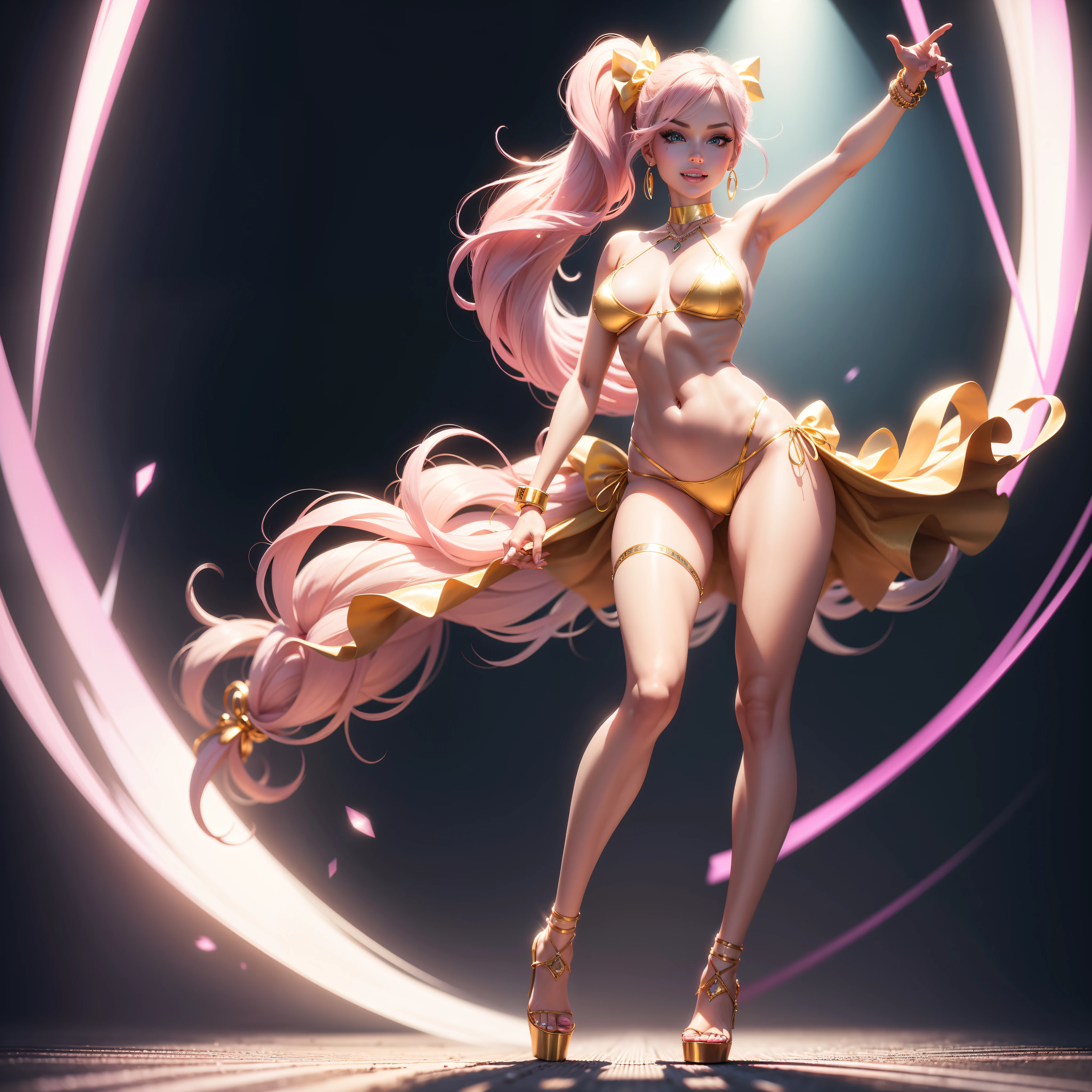 Barbie, ((Full body)), Blue eyes, Smiling face, Hair loss swaying in the wind, Hip Hop Singer Pose, Dressed in hip-hop style, Wearing a gold bikini that reflects light,swarovski,pasties,With a pink bow on the arm, Fashion, Extremely high quality, high details, 8K, clean back ground, in studio, ((Full body shot)),Align your fingers neatly,Accurate Hand Modeling,wave her hand,