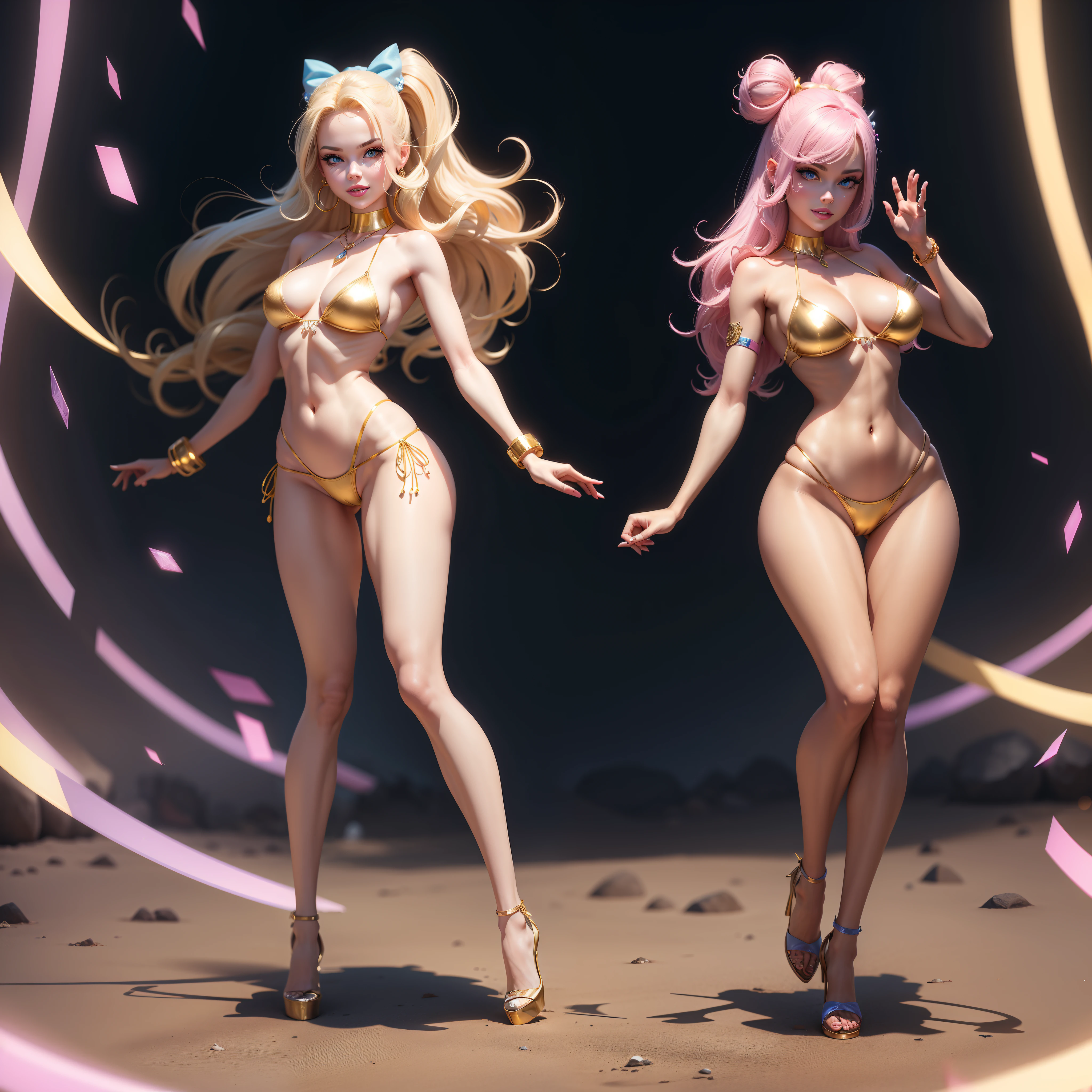Barbie, ((Full body)), Blue eyes, Smiling face, Hair loss swaying in the wind, Hip Hop Singer Pose, Dressed in hip-hop style, Wearing a gold bikini that reflects light,swarovski,pasties,With a pink bow on the arm, Fashion, Extremely high quality, high details, 8K, clean back ground, in studio, ((Full body shot)),Align your fingers neatly,Accurate Hand Modeling,wave her hand,