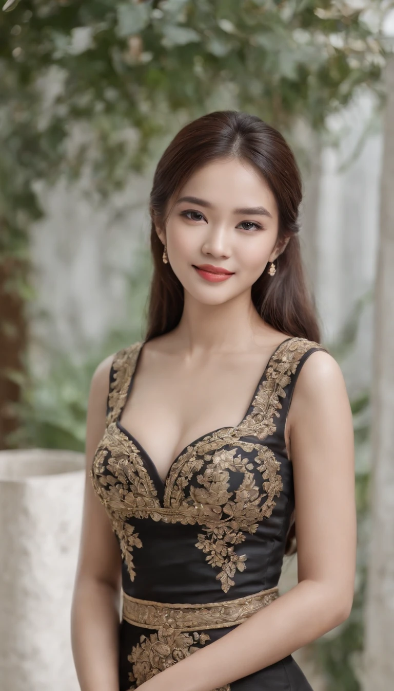 myth,argent,kebaya,Scroll,batik,sleeveless, treasure,universe, face the camera, smile, 19 year old girl, cute girl, beautiful girl, indonesian model, white healthy skin, delicate eyes, tied-up hair, ethnic earrings, gold tiara, full body photo, (sexy body:1.2), (slim waist:1.2), product photo shot, hand pointing right
