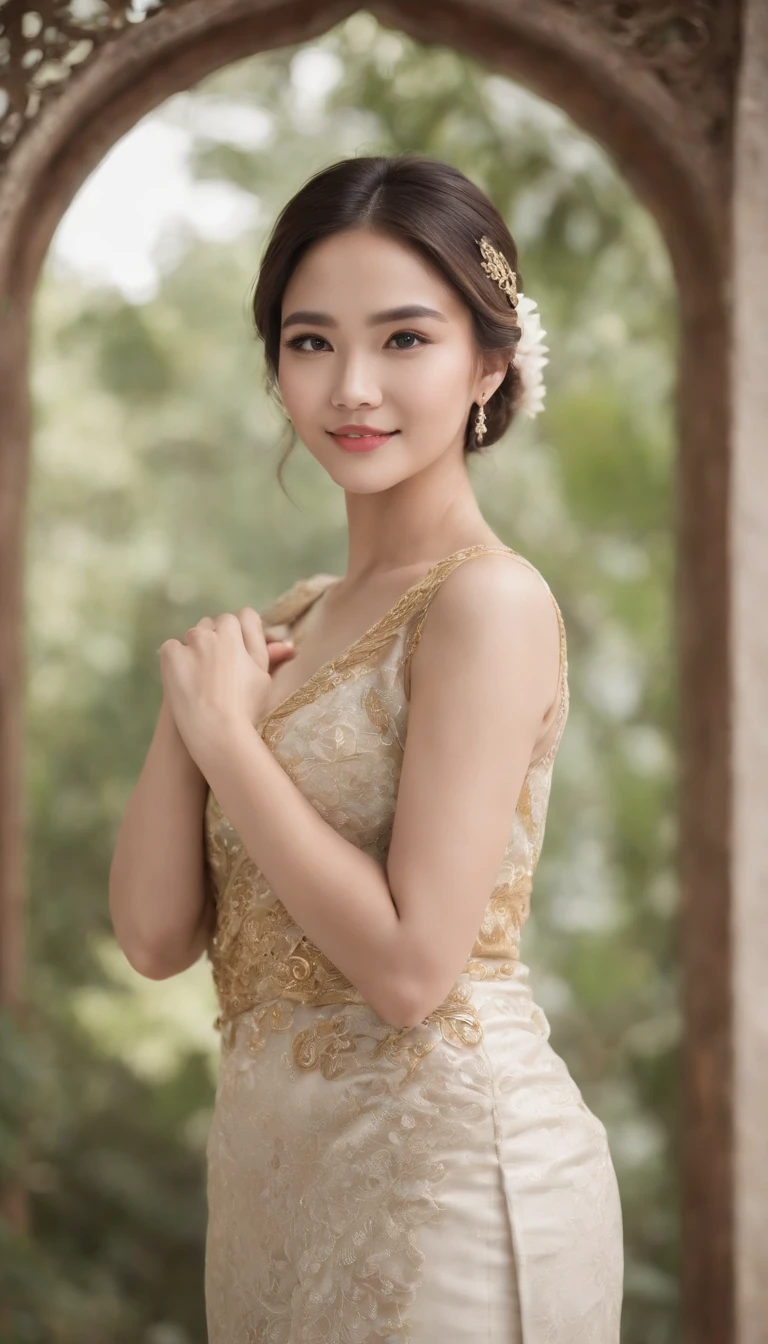 myth,argent,kebaya,Scroll,batik,sleeveless, treasure,universe, face the camera, smile, 19 year old girl, cute girl, beautiful girl, indonesian model, white healthy skin, delicate eyes, tied-up hair, ethnic earrings, gold tiara, full body photo, (sexy body:1.2), (slim waist:1.2), product photo shot, hand pointing right