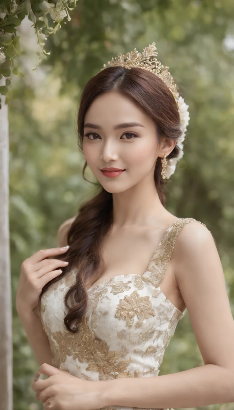 myth,argent,kebaya,Scroll,batik,sleeveless, treasure,universe, face the camera, smile, 19 year old girl, cute girl, beautiful girl, indonesian model, white healthy skin, delicate eyes, tied-up hair, ethnic earrings, gold tiara, full body photo, (sexy body:1.2), (slim waist:1.2), product photo shot, hand pointing right