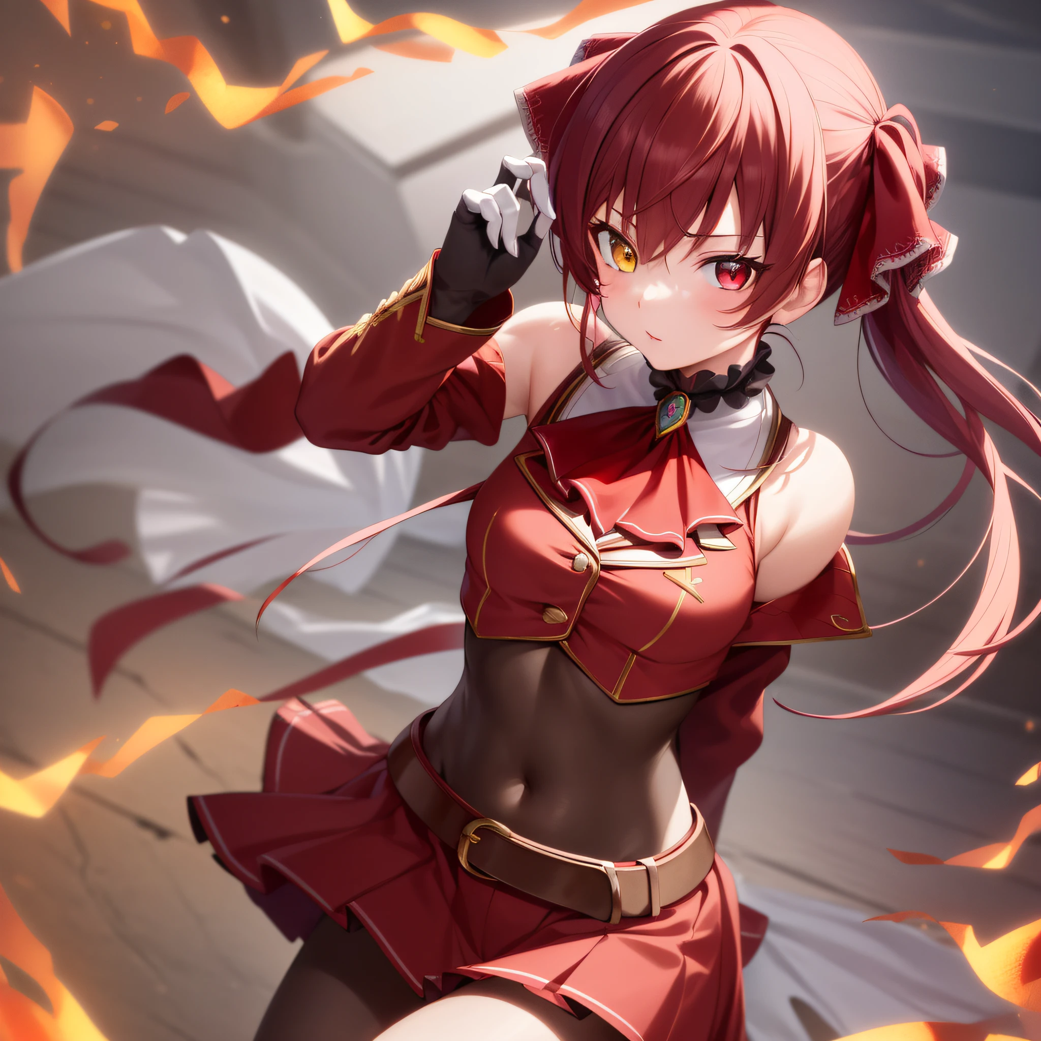 masterpiece, Best Quality, Anime, Highly detailed face, Highly detailed eyes, Highly detailed background, Perfect Lighting, 1girl in, Solo, 8K, Heterochromia, Red Eyes, Yellow eyes, Long hair, Hair Ribbon, White Gloves, frilled choker, Red Ascot, Leotard, Leotards under clothes, Red jacket, Cropped jacket, sleeveless jacket, Black coat, off shoulders, Bicorn, Red skirt, Miniskirt, Leather Belt, Flame background, fire