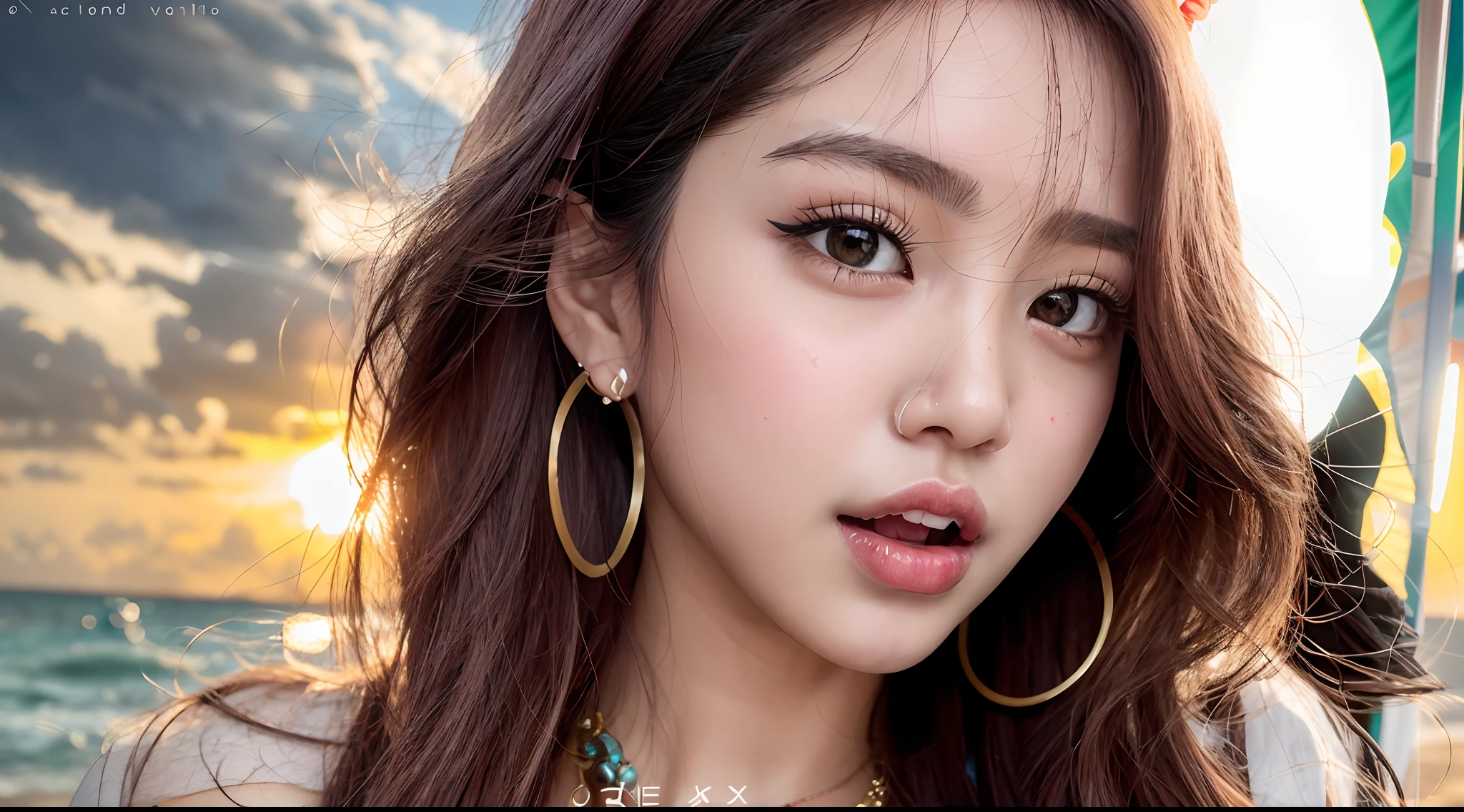 Ibiza Beach, sand, waves, 20 years old woman, Ultra-high clarity, Sharpness, Asian woman with long hair and big hoop earrings on the beach, Full round pace, lalisa manobal, with round face, popular south Korean makeup, portrait of female korean idol, ulzzang, jaeyeon nam, Popular Korean makeup, Gorgeous young Korean woman, Beautiful round face, young adorable korean face, Park Jimin / Park Ji-min