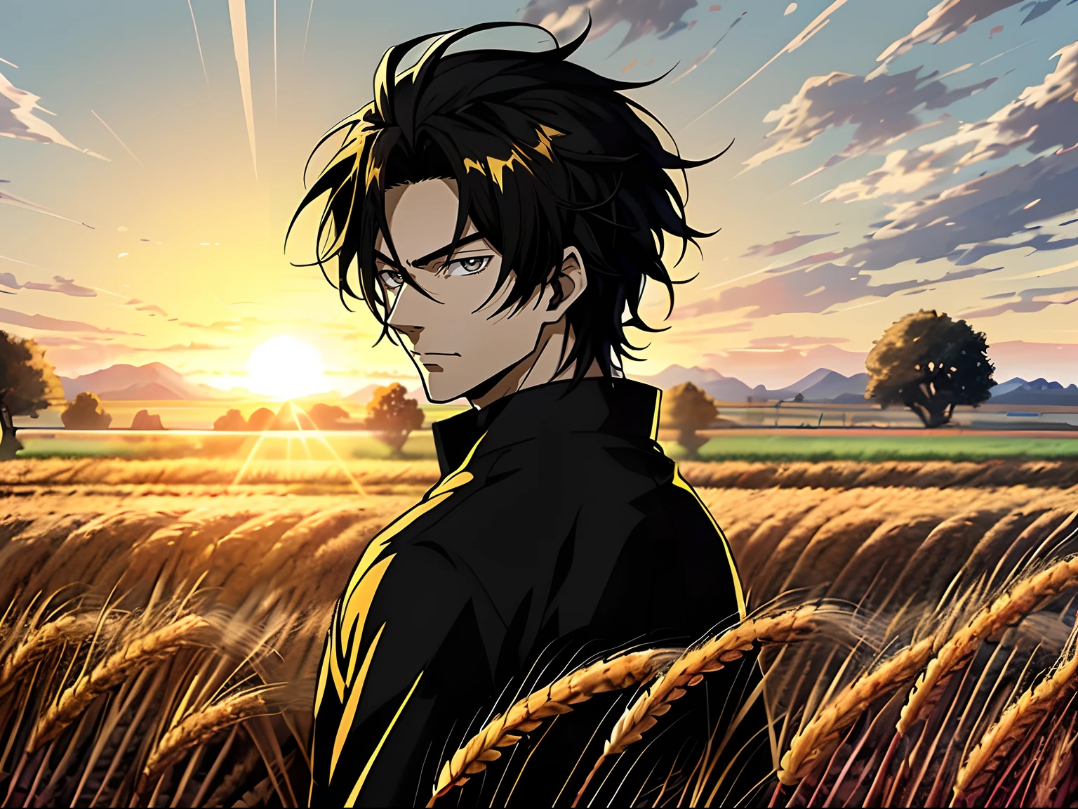 Anime boy in wheat field with sunrise background, Anime handsome man,Black color hair,Black eyes,Blackn clothes, Anime portrait of a handsome man, Official illustration, offcial art, young anime man, Key anime art,
