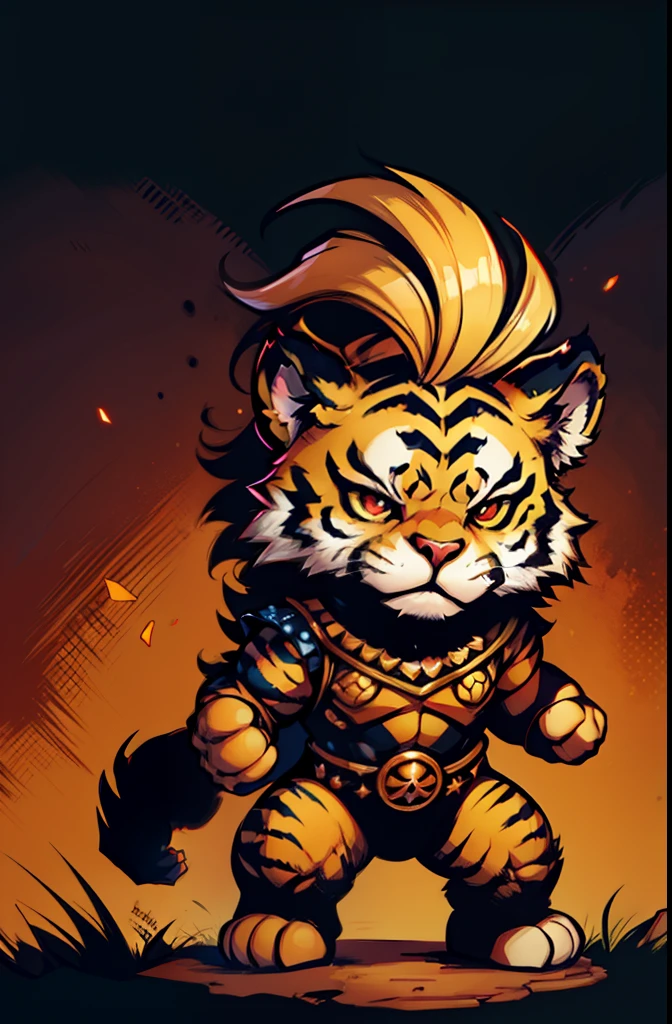 1young tiger, baby face tiger ,chibi, anthropomorphic, golden fur, big red eyes, warrior with armor and dager, character 1:1, dynamique pose, simple dark background