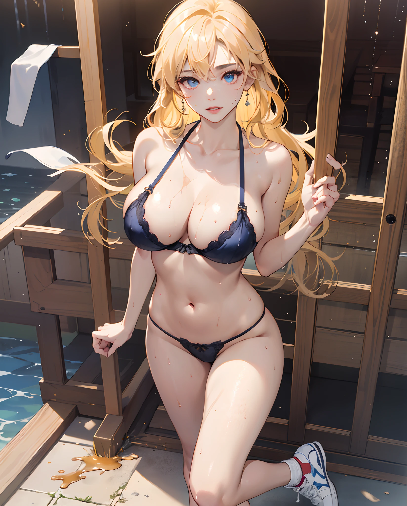 Yang xiao long (masterpiece, best quality, extremely detailed CG, beautiful detailed eyes, beautiful detailed body, ultra-detailed, intricate details:1.2), 8k wallpaper, elaborate features, full body, (1girl, solo:1.4), (flaunting breast :1.3) , curvy , (Young Ages:1.2) , wet, sweaty, see through , NSFW , long blonde hair, ((string, thong, bikini)):1.3 , sunshine, blue sky , torn cloth , muddy , front view , looking at viewer , bra lift , sneakers ,seductive posture, sexy pose, alluring, beautiful face, pale skin, long hair, shiny skin, skindentation,