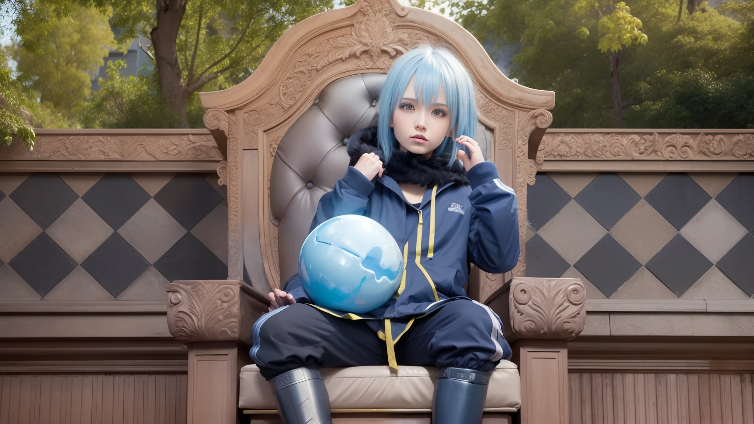 1girl, rimuru tempest, High detail, clarity, 8kk, Throne of Fire, young guy, 18 years old, light gray hair, short haircut, yellow eyes, climbs steps from fire to throne, fiery lava, realism, fantasy, rimuru tempest, long blue hair, sweat face, sweat smile, The right hand is raised to support the left chin