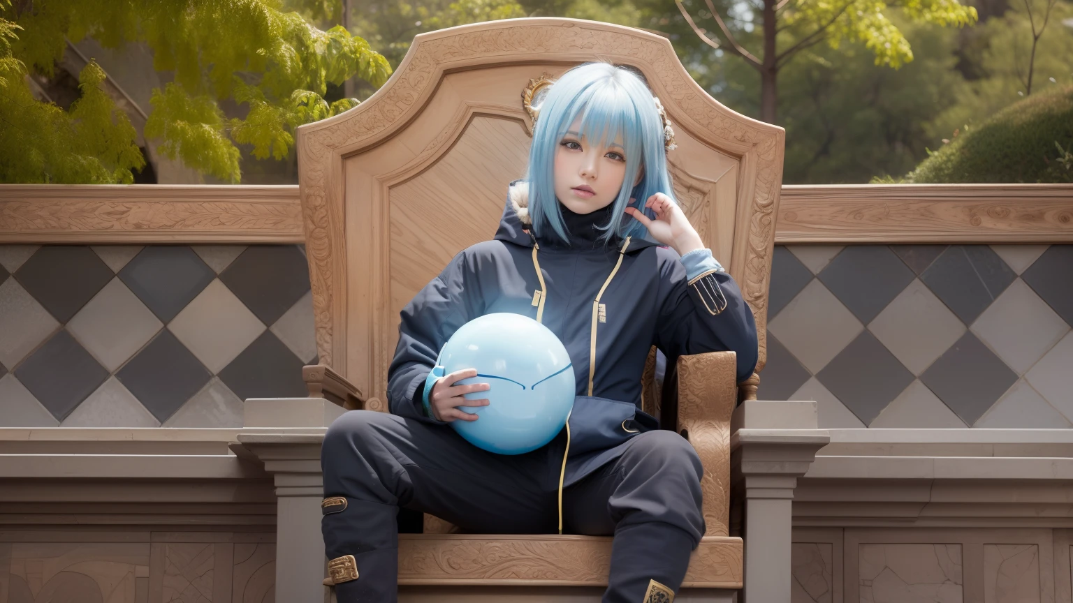 1girl, rimuru tempest, High detail, clarity, 8kk, Throne of Fire, young guy, 18 years old, light gray hair, short haircut, yellow eyes, climbs steps from fire to throne, fiery lava, realism, fantasy, rimuru tempest, long blue hair, sweat face, sweat smile, The right hand is raised to support the left chin