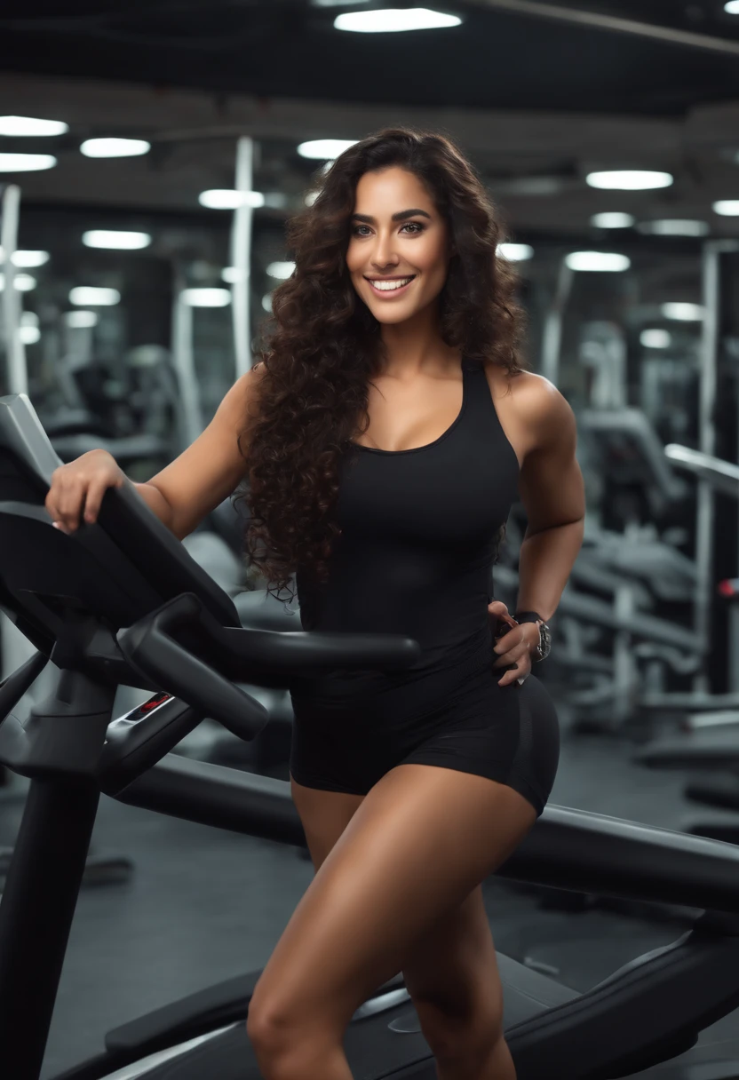 1 adult woman, long hair, curly hair, black hair, smooth skin, brown eyes, smiling, Occasional, sexy clothes, with background of a cardio machine in the gym, super realistic 8k, super detailed and realist