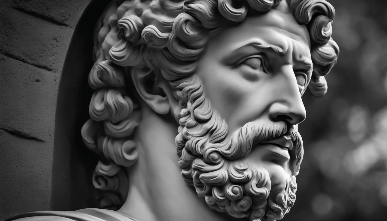 a portrait statue of the stoic Marcus Aurelius in black and white 4K, papel de parede super realista, corpo inteiro, corpo forte, musculoso, forte, sem camisa, tronco forte, forte, sem camisa, strong upper arms