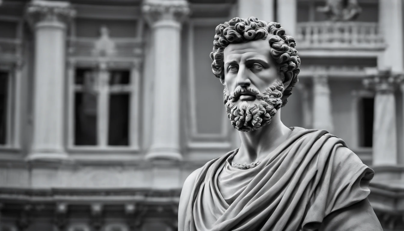 a portrait statue of the stoic Marcus Aurelius in black and white 4K, papel de parede super realista, corpo inteiro, corpo forte, musculoso, forte, sem camisa, tronco forte, forte, sem camisa, strong upper arms