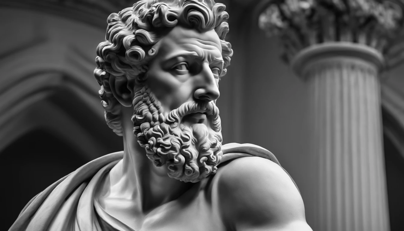 a portrait statue of the stoic Marcus Aurelius in black and white 4K, papel de parede super realista, corpo inteiro, corpo forte, musculoso, forte, sem camisa, tronco forte, forte, sem camisa, strong upper arms