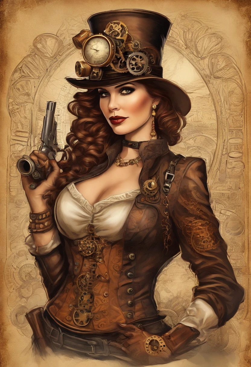 There's a woman wearing a Steam Punk hat and holding a gun., Steampunk, usando trajes Steampunk, meninatora Steampunk, (Steampunk), ( Steampunk ), estilo Steampunk, Steam-punk, Steampunk Fiction, steampunk aesthetic, uma deusa Steampunk bonita, Steampunk mulher anime bonita, Steampunk, fantasia Steampunk, estilo de fantasia Steampunk, arte Steampunk, arte digital Steampunk, roupas Steampunk