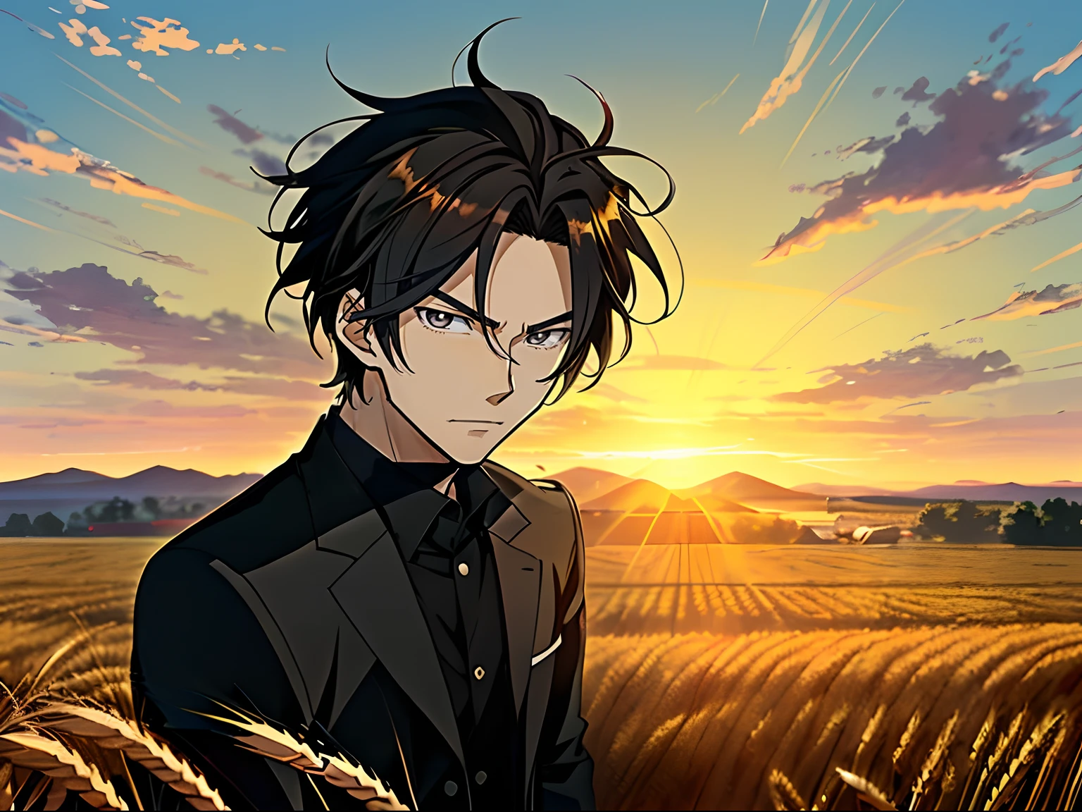 Anime boy in wheat field with sunrise background, Anime handsome man，Black color hair，Black eyes，Blackn clothes, Anime portrait of a handsome man, Official illustration, offcial art, young anime man, Key anime art,