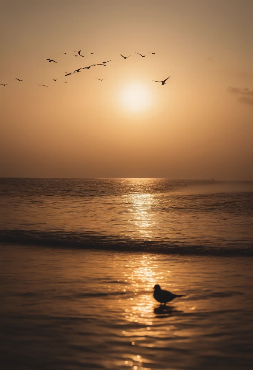 Peaceful scenery at dawn, Soft gold tones depict the horizon of water and sky, Little birds fly in the distance,Image in 2560 x 1440 pixel format