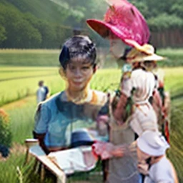 Three boys in a paddy field.. Beside bn beside.. In a raw..