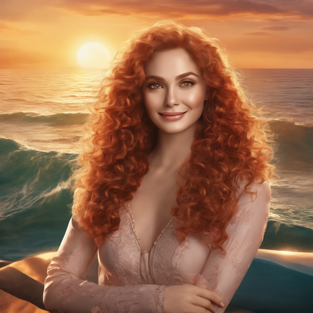1 adult woman, long hair, curly hair, red hair, detailed skin, brown eyes, smiling, Occasional, sexy clothes, with background in a sunset on the sea, super realistic 16k, super detailed and realist