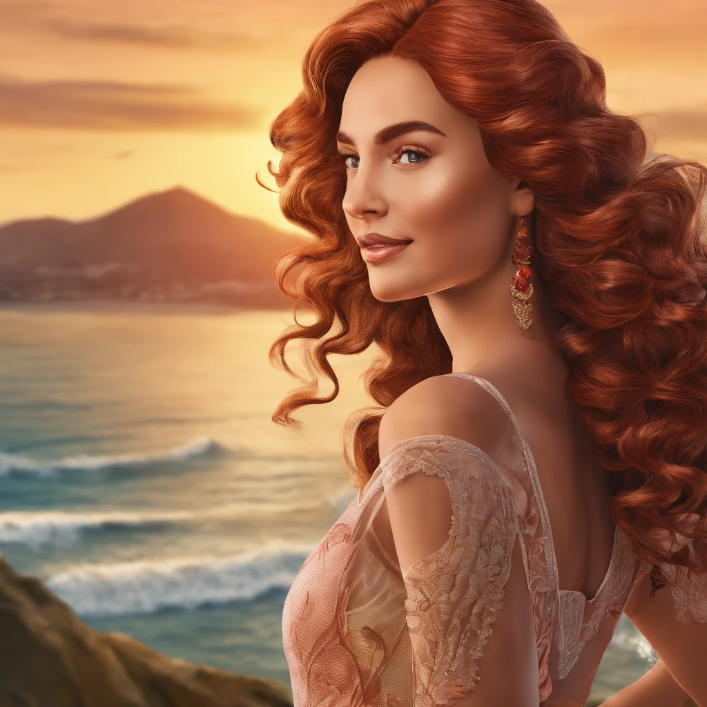 1 adult woman, long hair, curly hair, red hair, detailed skin, brown eyes, smiling, Occasional, sexy clothes, with background in a sunset on the sea, super realistic 16k, super detailed and realist