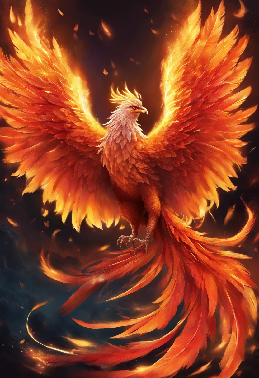 (best quality,4k,8k,highres,masterpiece:1.2),ultra-detailed,(realistic,photorealistic,photo-realistic:1.37),bright and vibrant colors,sharp focus,vivid expressions,beautiful feathers,flaming wings,fiery tail,mythical creature,fierce and majestic,Phoenix rising from the ashes,dramatic lighting,ethereal glow,illustration,fantasy,light shining through the clouds,lush green garden,enchanted atmosphere,transformation and rebirth,detailed plumage,feathers in vivid shades of red, orange, and yellow,wisps of smoke and flames swirling around the phoenix,glowing eyes,regal posture,grand and awe-inspiring presence,hope and resilience,ancient legend brought to life,awe-inspiring beauty,mythical guardian of fire and life,amazing attention to detail,radiating warmth and power,emphasizing the texture and intricacy of feathers,exquisite portrayal of strength and grace,legendary creature in flight,breathtaking and magical representation of the phoenix,photo-realistic depiction of a mythical marvel