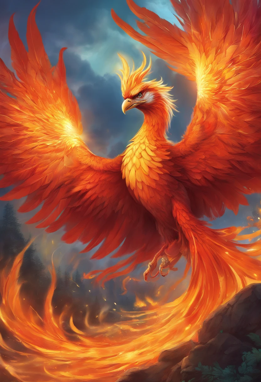 (best quality,4k,8k,highres,masterpiece:1.2),ultra-detailed,(realistic,photorealistic,photo-realistic:1.37),bright and vibrant colors,sharp focus,vivid expressions,beautiful feathers,flaming wings,fiery tail,mythical creature,fierce and majestic,Phoenix rising from the ashes,dramatic lighting,ethereal glow,illustration,fantasy,light shining through the clouds,lush green garden,enchanted atmosphere,transformation and rebirth,detailed plumage,feathers in vivid shades of red, orange, and yellow,wisps of smoke and flames swirling around the phoenix,glowing eyes,regal posture,grand and awe-inspiring presence,hope and resilience,ancient legend brought to life,awe-inspiring beauty,mythical guardian of fire and life,amazing attention to detail,radiating warmth and power,emphasizing the texture and intricacy of feathers,exquisite portrayal of strength and grace,legendary creature in flight,breathtaking and magical representation of the phoenix,photo-realistic depiction of a mythical marvel