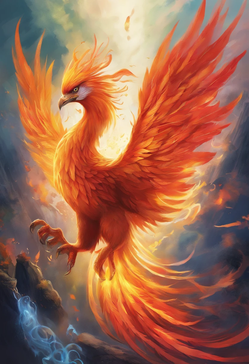 (best quality,4k,8k,highres,masterpiece:1.2),ultra-detailed,(realistic,photorealistic,photo-realistic:1.37),bright and vibrant colors,sharp focus,vivid expressions,beautiful feathers,flaming wings,fiery tail,mythical creature,fierce and majestic,Phoenix rising from the ashes,dramatic lighting,ethereal glow,illustration,fantasy,light shining through the clouds,lush green garden,enchanted atmosphere,transformation and rebirth,detailed plumage,feathers in vivid shades of red, orange, and yellow,wisps of smoke and flames swirling around the phoenix,glowing eyes,regal posture,grand and awe-inspiring presence,hope and resilience,ancient legend brought to life,awe-inspiring beauty,mythical guardian of fire and life,amazing attention to detail,radiating warmth and power,emphasizing the texture and intricacy of feathers,exquisite portrayal of strength and grace,legendary creature in flight,breathtaking and magical representation of the phoenix,photo-realistic depiction of a mythical marvel