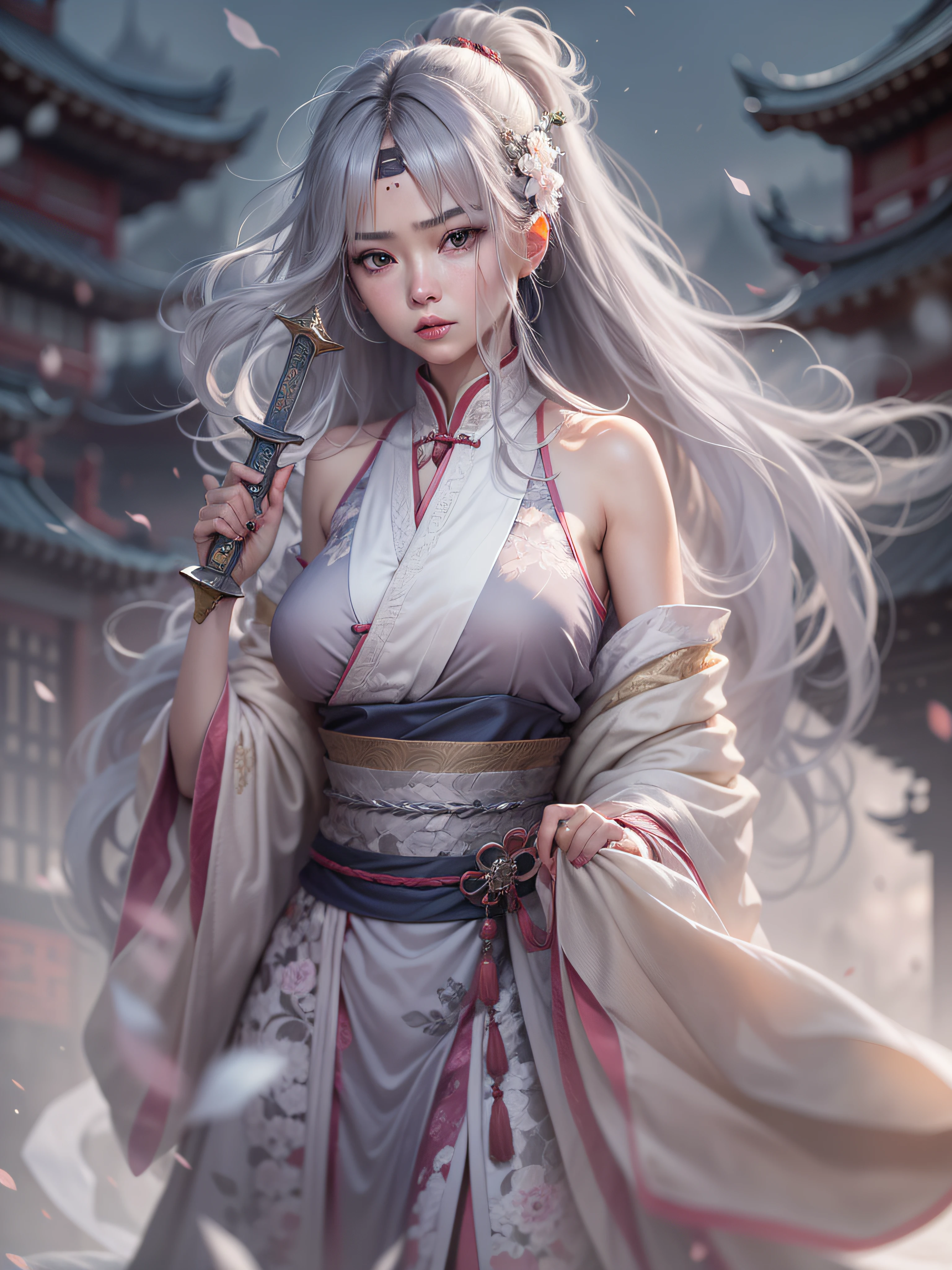 Masterpiece, Best, Night, Full Moon, 1 Female, Mature Woman, Chinese Style, Ancient China, Elder Sister, Royal Sister, Cold Face, Expressionless, Silver White Long Haired Woman, Light Pink Lips, Calm, Intellectual, Three Bangs, Gray Hitomi, Assassin, Long Sword, Swordsman, Fighting, Street View, Facial Details, perfect body, beautiful body