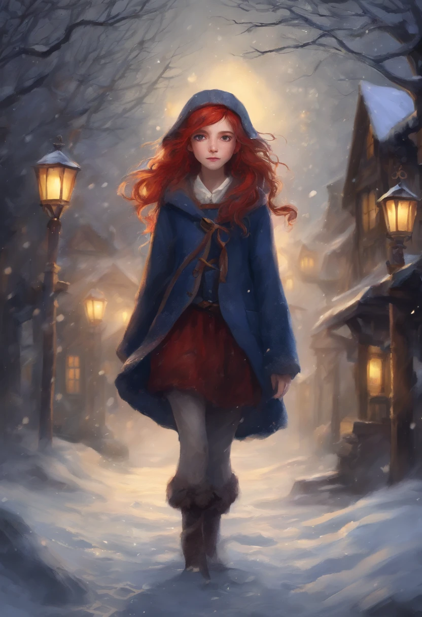 4k master piece, high detail, night time, dark, exterior of a red haired girl with blue eyes, wearing a dark blue sweater and beanie, with black tights and wearing a yellow backpack, walking through an empty snowy village at night, dark, scary, foggy and snowing, dramatic framing