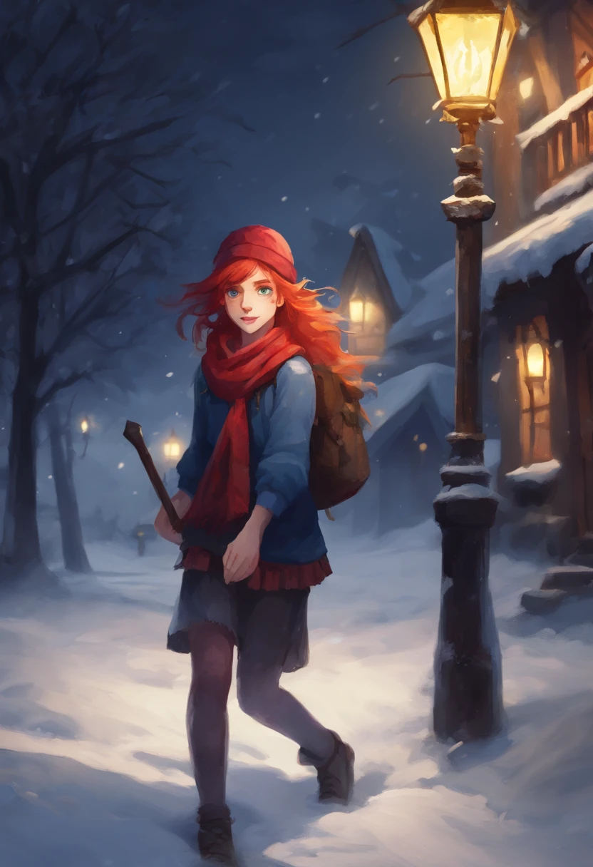 4k master piece, high detail, night time, dark, exterior of a red haired girl with blue eyes, wearing a dark blue sweater and beanie, with black tights and wearing a yellow backpack, walking through an empty snowy village at night, dark, scary, foggy and snowing, dramatic framing