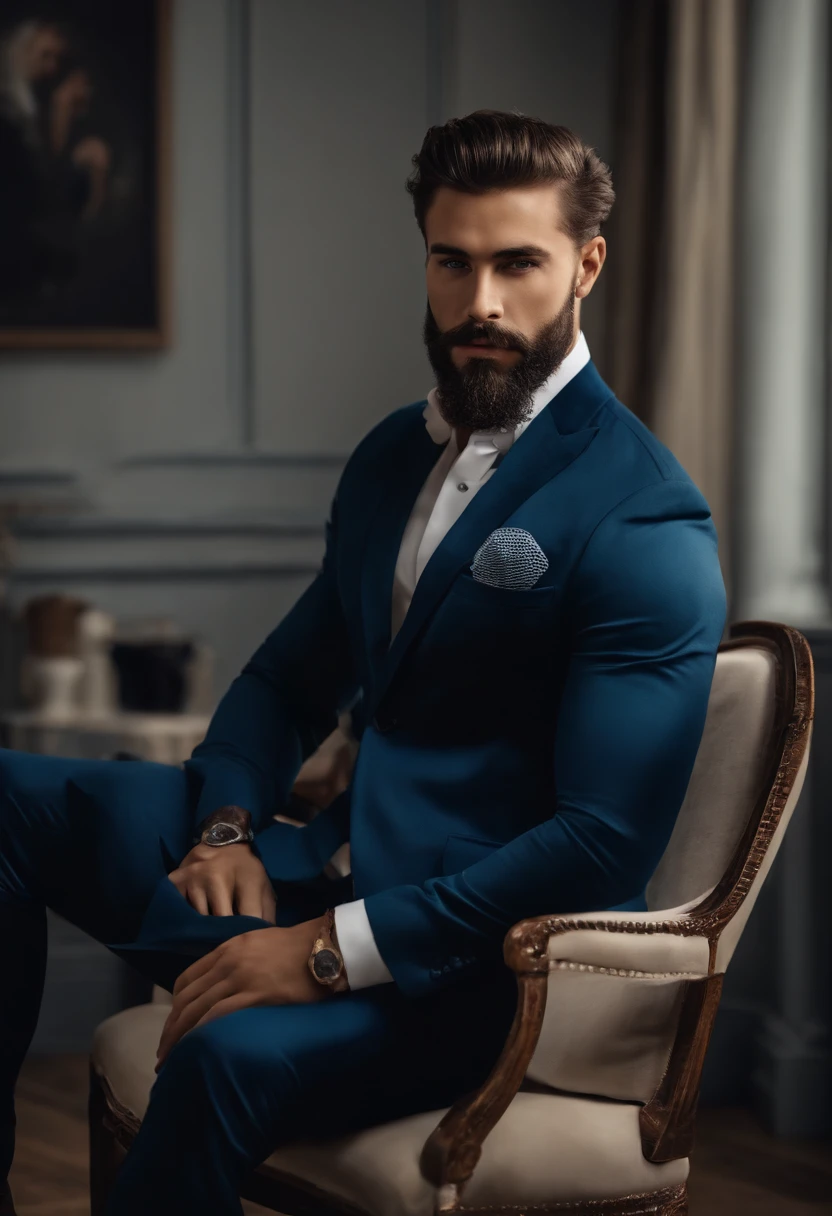 (Homem com roupa elegante), ), (usando barba longa e cheia,) (olhos azuis) (retrato) Attractive and serious look, Cabelos castanhos escuros, Elegante e elegante, e camiseta de corpo forte, (imagem realista e de alta qualidade), in the background Scandinavian apartment with design furniture and with blue wall color in the background, ((best quality, 8k, master part).