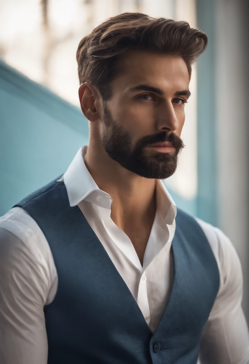 (Homem com roupa elegante), ), (usando barba longa e cheia,) (olhos azuis) (retrato) Attractive and serious look, Cabelos castanhos escuros, Elegante e elegante, e camiseta de corpo forte, (imagem realista e de alta qualidade), in the background Scandinavian apartment with design furniture and with blue wall color in the background, ((best quality, 8k, master part).