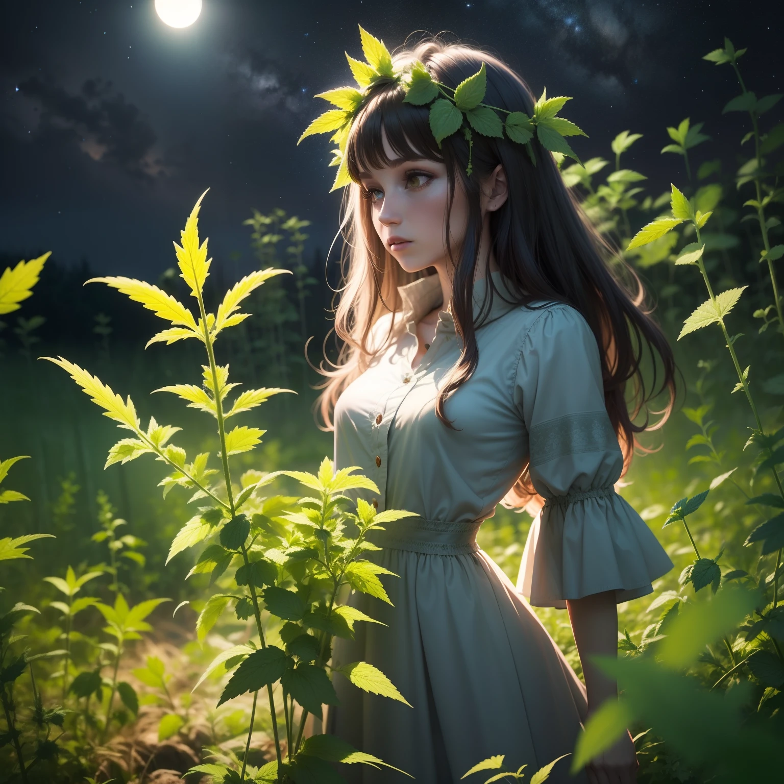 ((Nettle)), Nettle bushes, Night, stars,  cinematic lighting, dynamic light, fog,  Nettle thickets, thorny nettle thickets