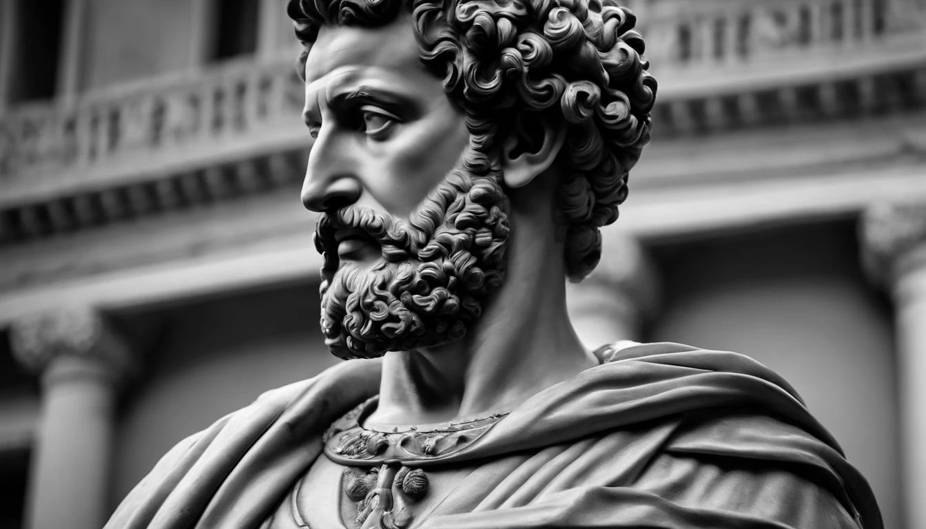 a portrait statue of the stoic Marcus Aurelius in black and white 4K, papel de parede super realista, corpo inteiro, corpo forte, musculoso, forte, sem camisa, tronco forte, forte, sem camisa, strong upper arms