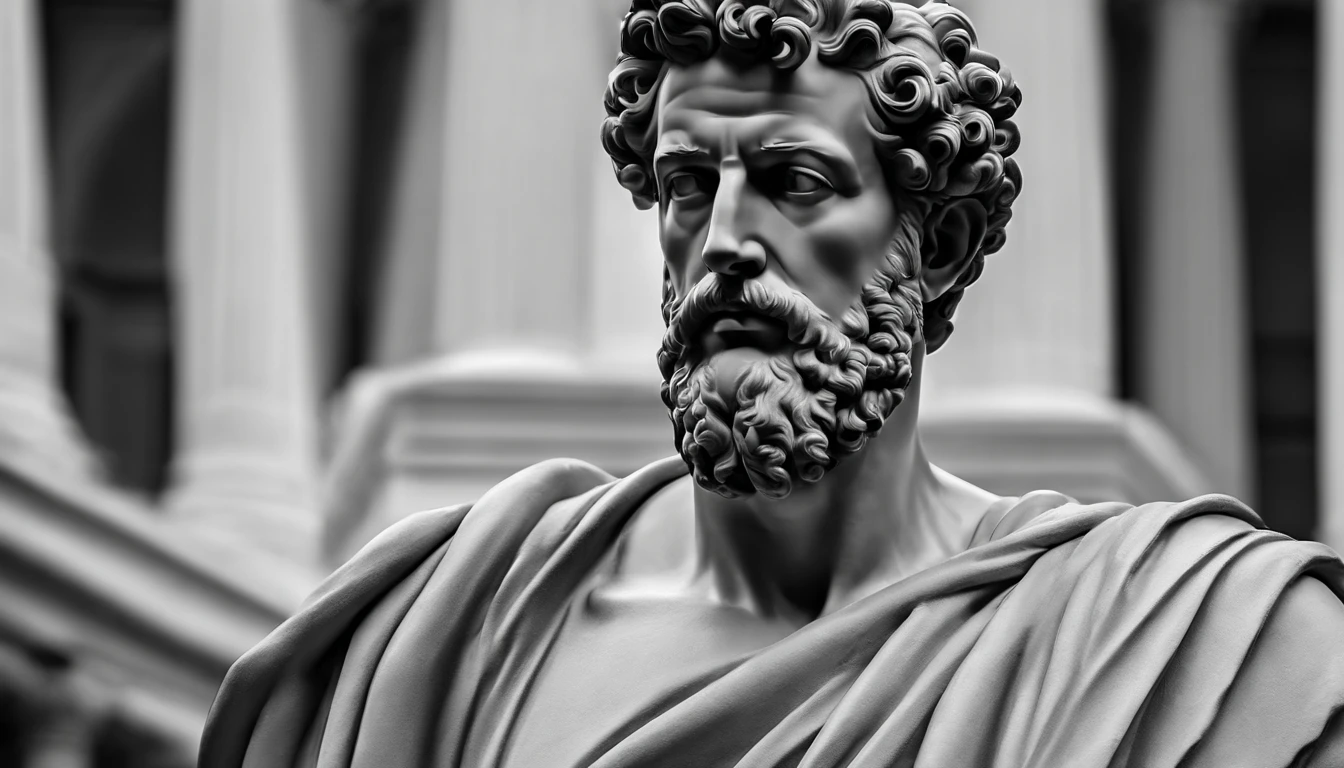 a portrait statue of the stoic Marcus Aurelius in black and white 4K, papel de parede super realista, corpo inteiro, corpo forte, musculoso, forte, sem camisa, tronco forte, forte, sem camisa, strong upper arms