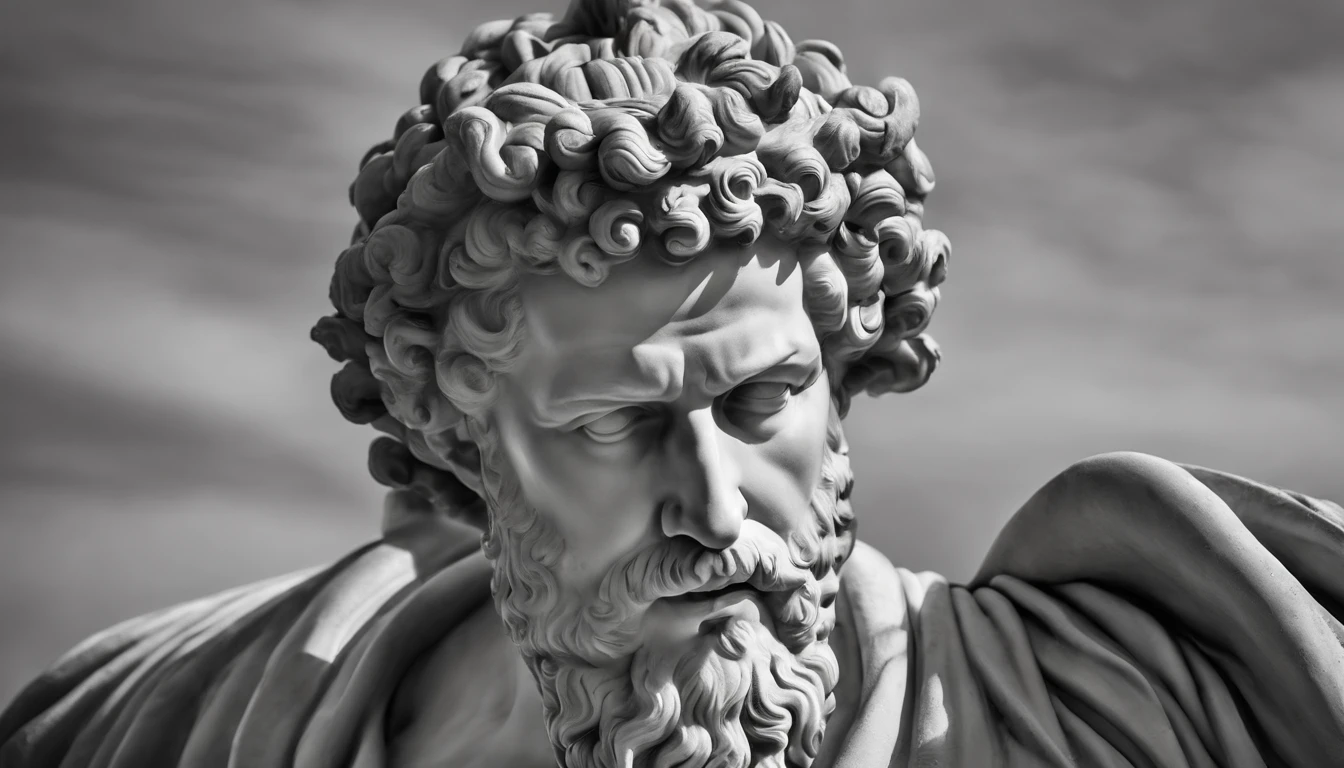 a portrait statue of the stoic Marcus Aurelius in black and white 4K, papel de parede super realista, corpo inteiro, corpo forte, musculoso, forte, sem camisa, tronco forte, forte, sem camisa, strong upper arms