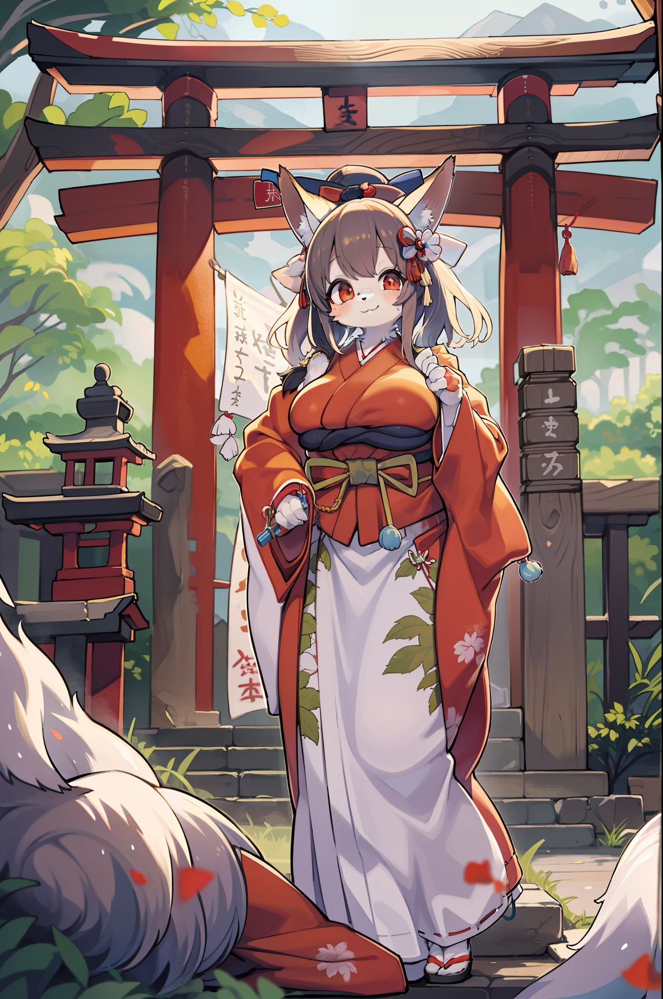Fox Woman、body covered with fur、huge-breasted、kawaii、shrine maiden、Japan white clothes,Red Hakama、torii gate,summer day、From the top、Wide Shot、Very Wide Shot、A big smile、bbw、thick thight、big butts、Ultramammy
