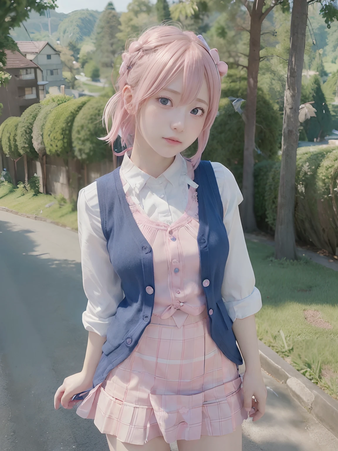 Beautiful seaside background, ((masterpiece)), ((highest quality)), (Perfect composition), (Perfect Anatomy), Perfect lighting, High resolution, Very detailed, Dynamic Angle, Rejoicing face, One girl, alone, Cowboy Shot, Portraiture, short hair, Pink Hair, Short Twin Tails, hair red ribbon, Side Lock, bangs, Pink Eyes, Puffy sleeves, Red Bow, Pleated skirt, Checked skirt, (zettai ryouiki), White knee socks, loafers, smile, Looking at the audience, Fantasy, Fascinating expression, (Detailed face description), (Detailed eye description), Fascinating, Outdoor, nature, Advanced CG, Octane Rendering, Large file size, Colorful contrast,