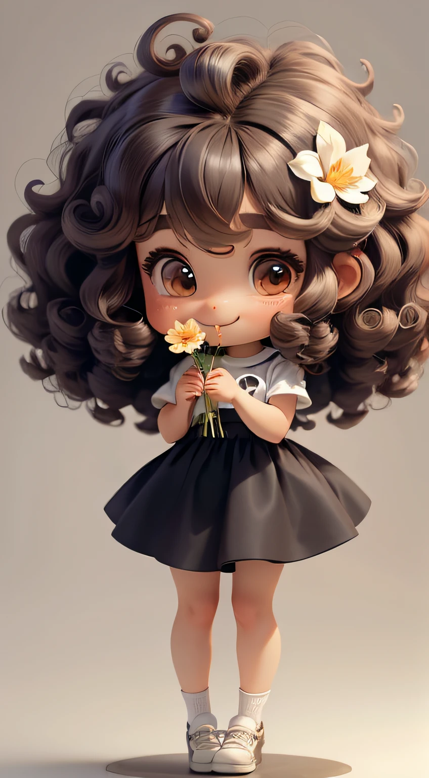 chibi girl with large curly hair smiling and smelling a flower, pumps, white socks, full body