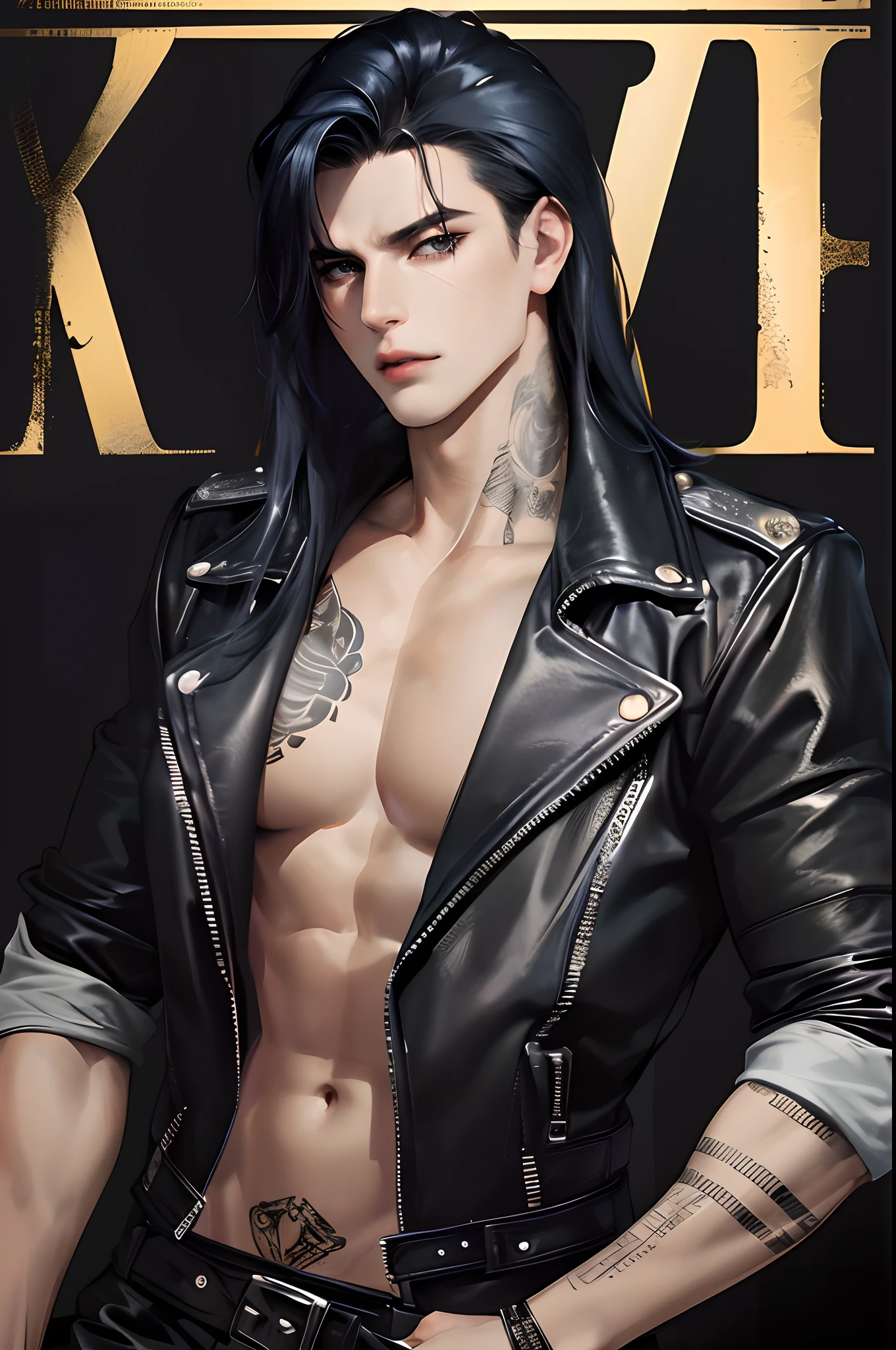 cover for a book, photography of a heavy metal star, a solo man, (((man))), (masculine face), 25 years old, singer, bad boy, (black eyes), expressive look, long dark blue black hair, (((bar background))), straight hair, blueshine hair, unshaven, black leather jacket, long sleve jacket, leather pants, chest tattoo, super detailed face, perfect body, perfect shapes, realistic image, award winning photography, 8k,