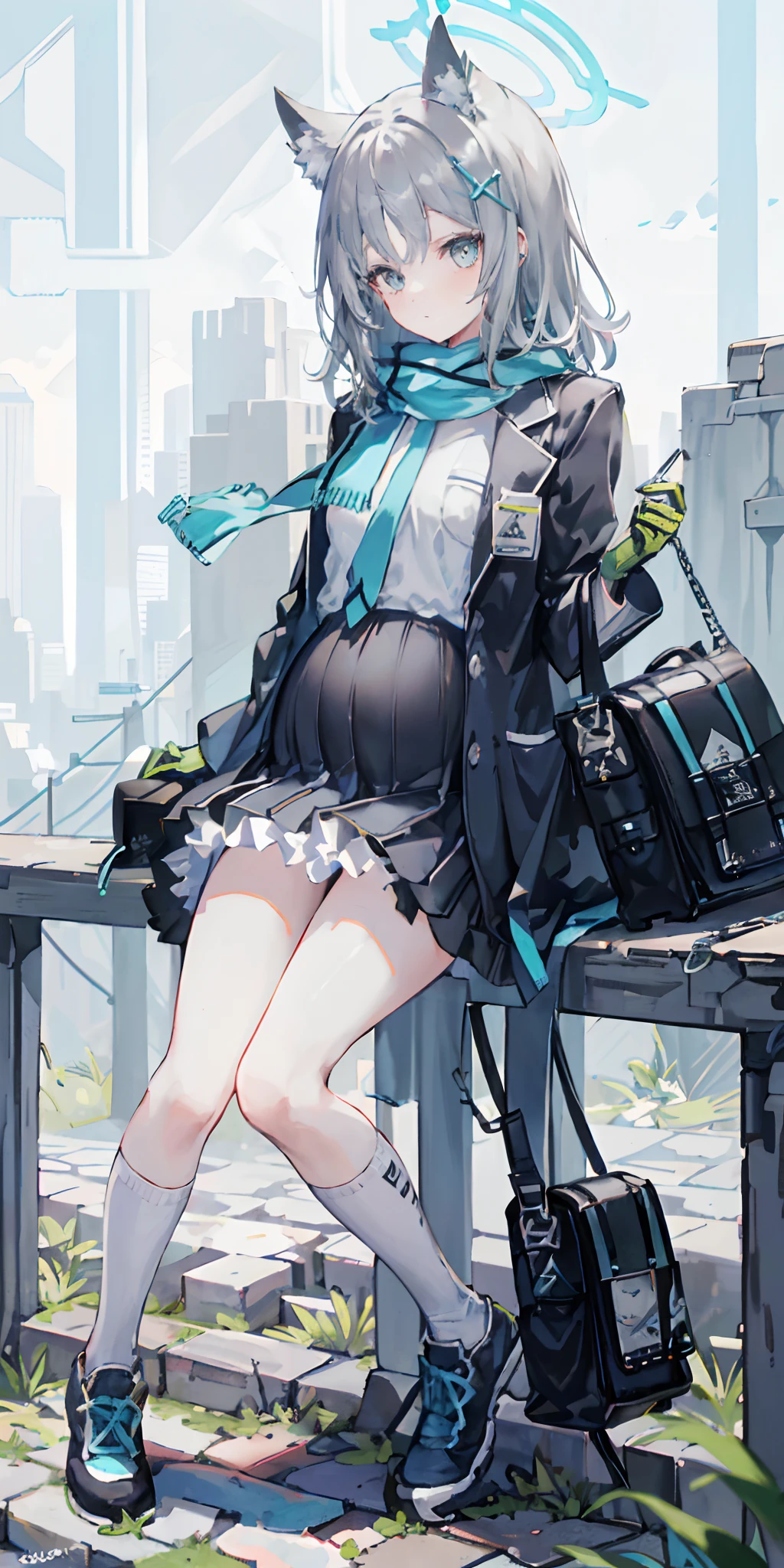 medium length cut hair, stretching towards should hair, gray wolf ears, the bottom right is a T crossed hairpin Cyan, small ear piercings, standard Abydos High School uniform, white T-shirt, dark and grey patterned skirt, navy blue blazer; while an Abydos badge hang in the right side of the blazer. She carries a Japanese style hanging bag in dark black color with keychains, running shoes is color black (with some parts being white), tied cyan shoe white socks with triangular designs at the end of the both socks, have bloated Belly, she pregnant