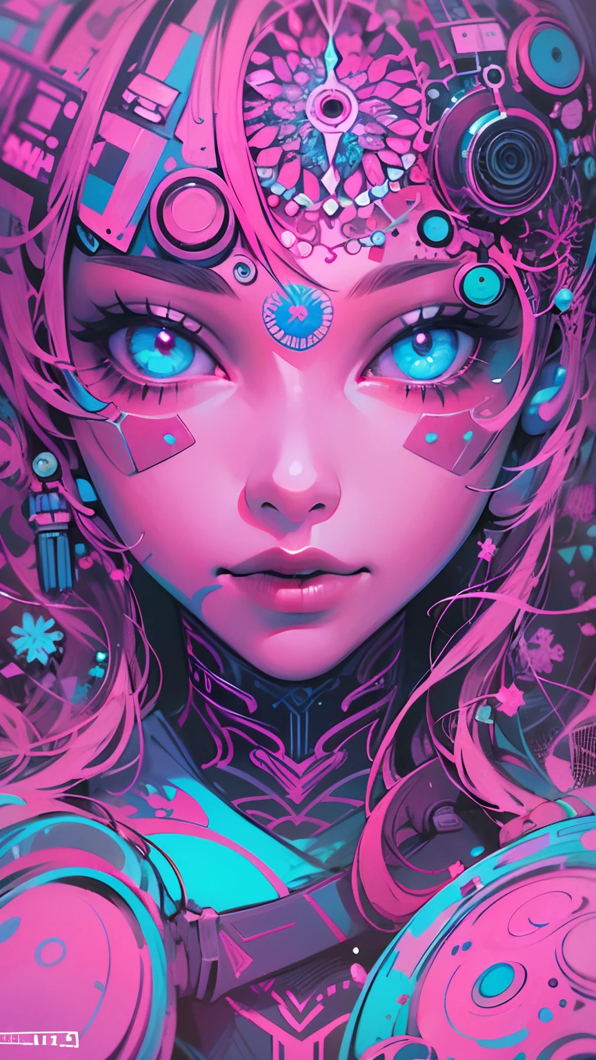 (Absurdo, Altas, ultra detalhados), 1girl, sozinho, olhos extremamente detalhados, (Arte Oficial, Beautiful and Aesthetic:1.2), (Arte Fractal:1.3), Colouring, Mais Detalhado, tecnologia cyberpunk neon azul rosa