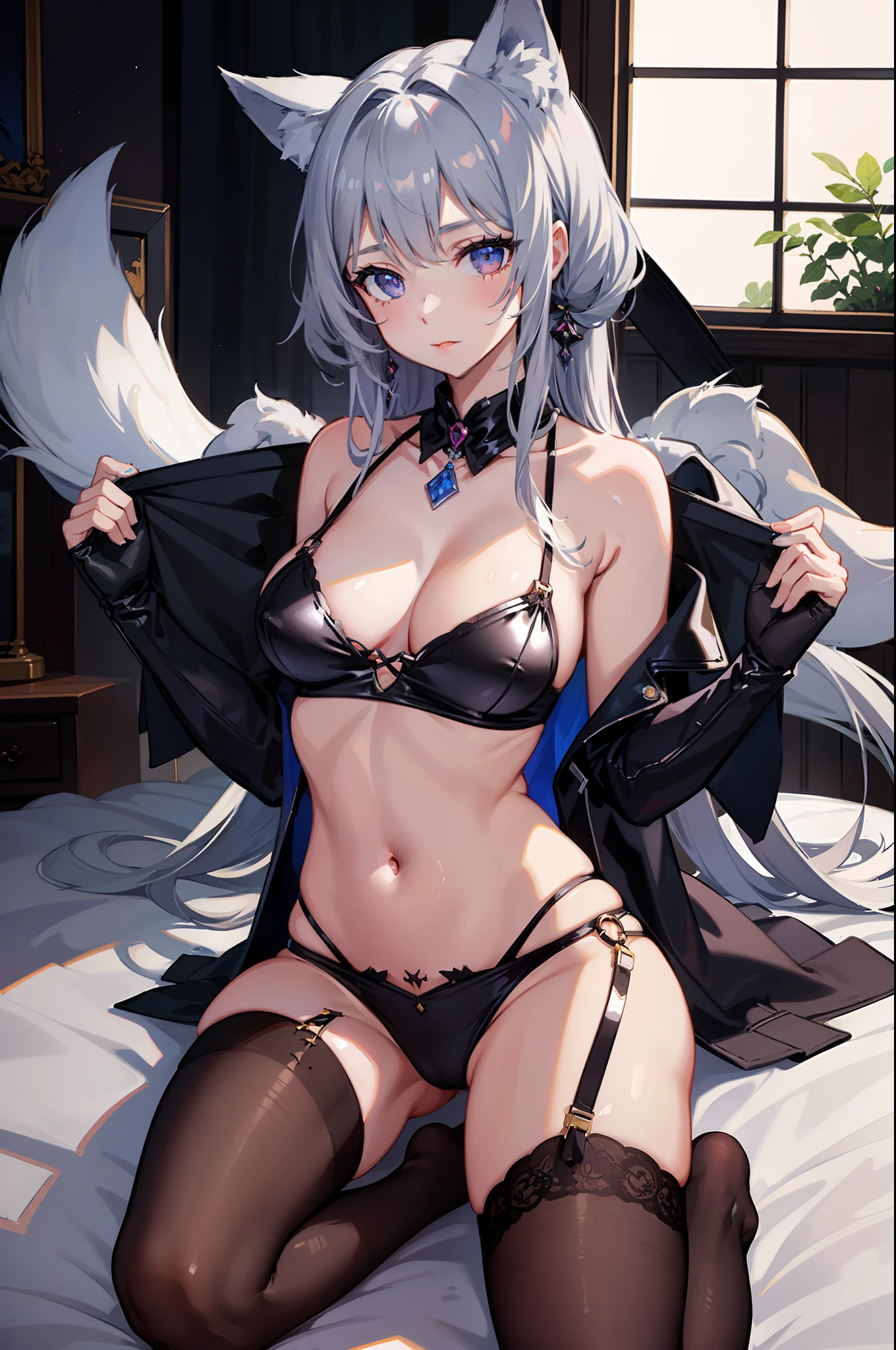 1girl, fine details, wolf ears, wolf tail, masterpiece, NSFW, stripper, , lewd, perverted, lustful, mature woman, sexy, posing, shiny clothes, revealing cloths,