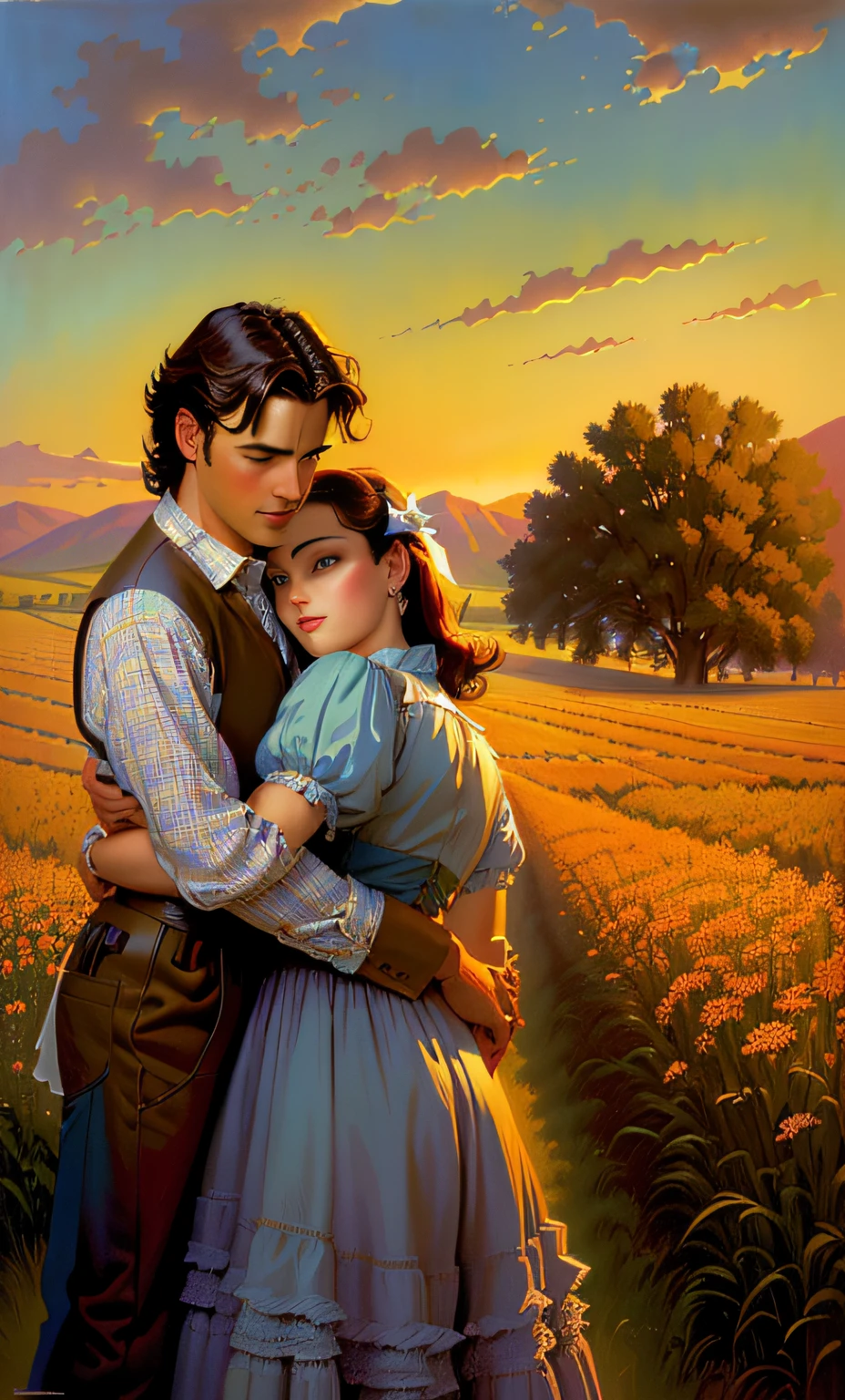 a painting of a man and woman embracing in a field, inspired by Mort Artists, romance novel cover, by Mort Artists, by Tom Lovell, by Tim Hildebrandt, by Greg Hildebrandt, western art, ( art fitzpatrick ), style of tim hildebrandt, by Tim and Greg Hildebrandt, by Scott Gustafson