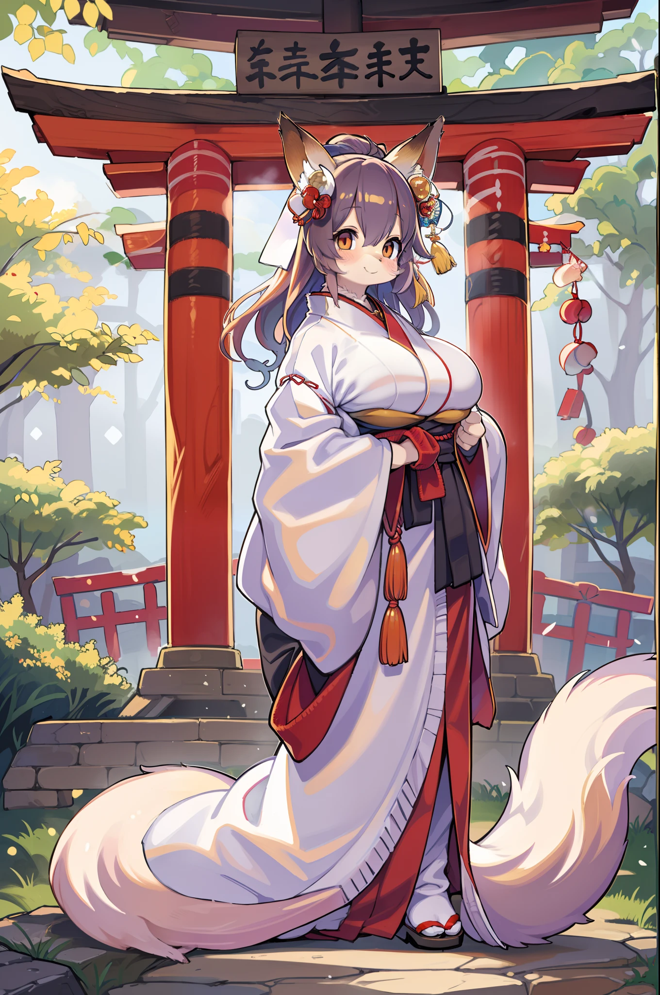 Fox Woman、body covered with fur、huge-breasted、kawaii、shrine maiden、Japan white clothes,Red Hakama、torii gate,summer day、From the top、Wide Shot、Very Wide Shot、A big smile、bbw、thick thight、big butts、Ultramammy、In front of Tamamo