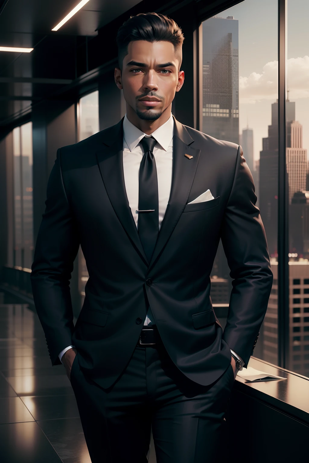 black, Business man, using suit and tie, office in new york skyscraper, realistic, cinematic, 4k