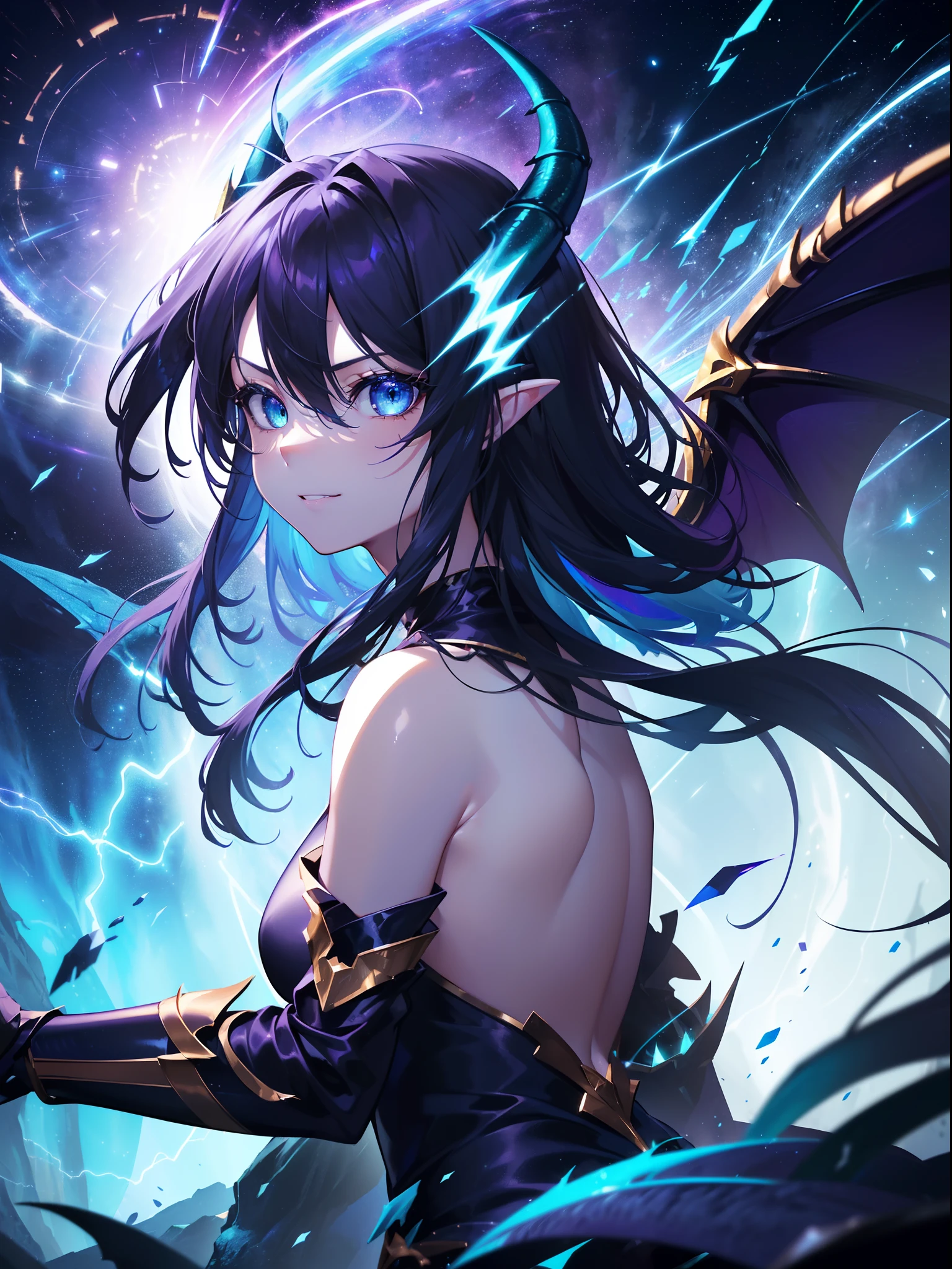 (Blue horn glowing with green lightning:1.7),(Two glowing blue dragon horns:1.3),(Long black hair that glows blue:1.3),Messy straight hair,(Face Focus:1.3),(Slim Face:1.3), (Blue lightning background:1.3),(angry,Smile:1.3) ,(tiny chest:1.0),(Lip close-up:1.3),(dragon knight:1.3), (Big dragon wings on the back:1.7), (Dressed in the armor of the Purple Dragon Knight:1.3), (complex armour:1.3), (The dragon:1.3),Starry skies and a vortex of light enveloped her, Canon 5D, 85 mm, depth of fields, 8K, ultra sharpness, nffsw, octane, Unreal, Dramatic light, Global Illumination,Motion Picture Film,rainbow,lensflare,(brue eyes:1.3),extremely detailed eye,(Purple Thunder Wave Art:1.3),(Fantasia:1.3),(Agfacolor:1.3),(close portrait:1.3),(Feminine:1.4),(Beautiful:1.4),(Attractive:1.3),Move an angle,perfectly detailed eyes,Themed Background,A completely huge dragon kills a partisan、(Armed combat action:1.3)
